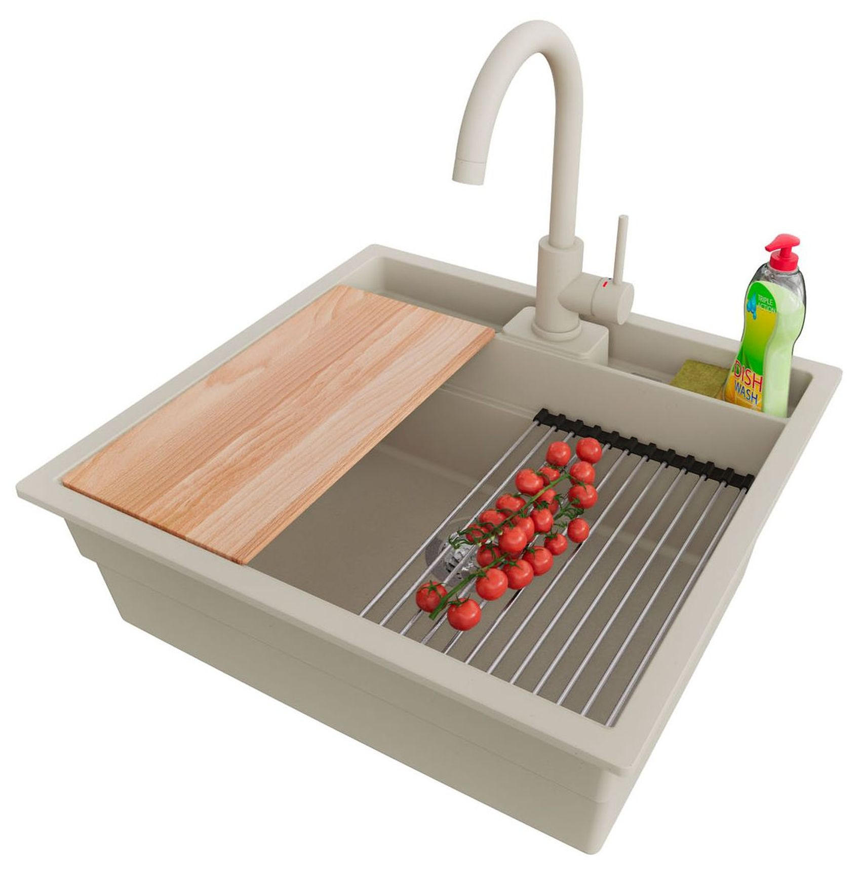 GRANITSPÜLE Bergen Pocket, 2-er set Beige 56/54 cm 1 Becken + Küchenarmatur 32/20 cm + Ablauf-Set + Küchenzubehörset ab 60er Unterschrank - Chromfarben/Beige, Kunststoff (56/20/54cm) - Primagran