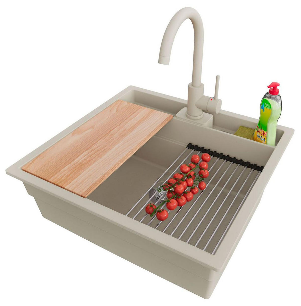 GRANITSPÜLE Bergen Pocket, 2-er set Beige 56/54 cm 1 Becken + Küchenarmatur 32/20 cm + Ablauf-Set + Küchenzubehörset ab 60er Unterschrank - Chromfarben/Beige, Kunststoff (56/20/54cm) - Primagran