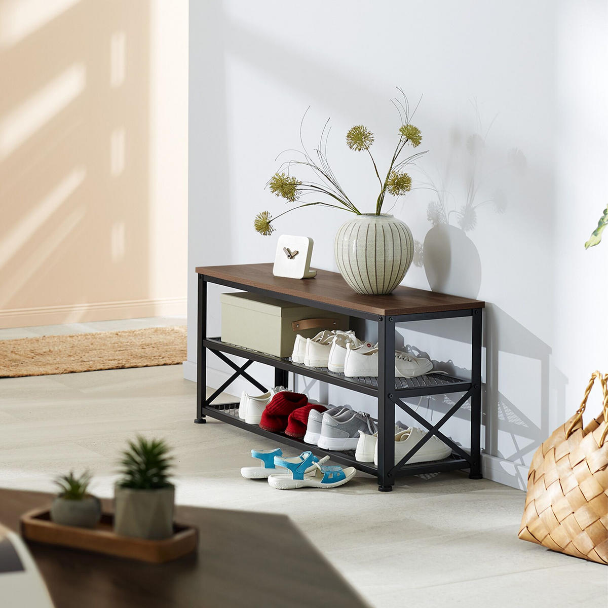 SCHUHREGAL Blackpool,101 x 30,5 x 45,5 cm,Industrial Holz dunkel, rustikal - Rostfarben, Holz (30.5/45.5/101cm) - tectake