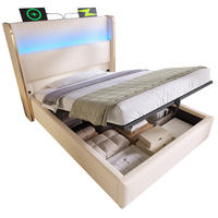 ČALÚNENÁ posteľ z ľanu 90x200 cm béžová s vysokým čelom, LED osvetlením, USB/Type-C a úložným priestorom - béžová, textil (90/200cm) - Modfu