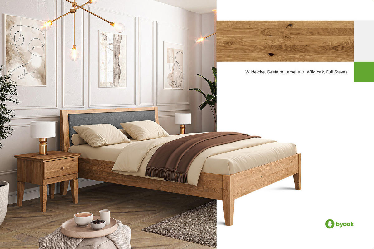 MASSIVHOLZBETT ELIAS MIT POLSTERKOPFTEIL 90x220 Wildeiche - Alteiche, Holz (90/220cm) - byoak