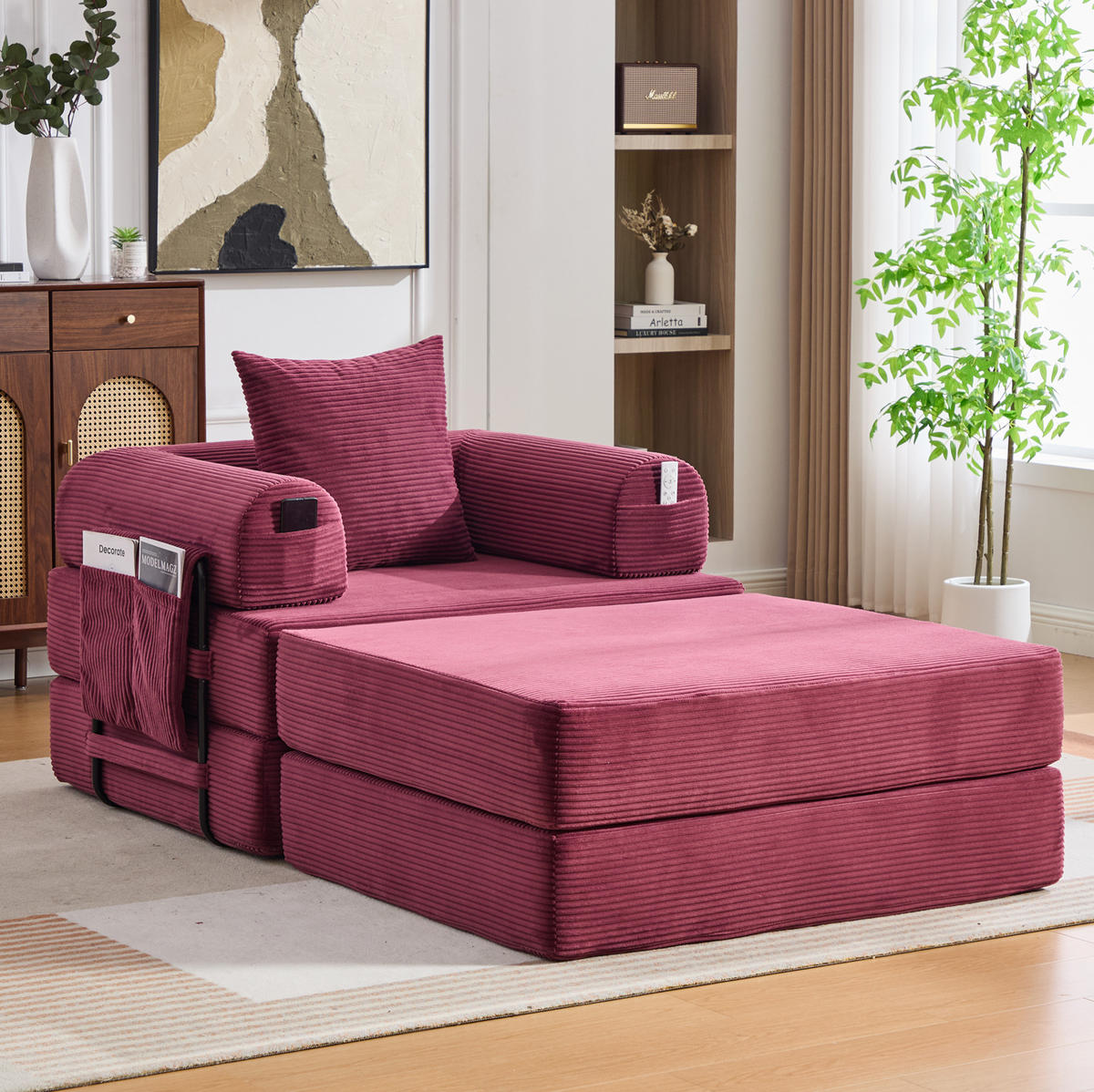 SOFA mit Hocker Cord 112 x 190 x 67 cm Wine Red - Rot, Kunststoff (190/67/112cm) - Meubliv