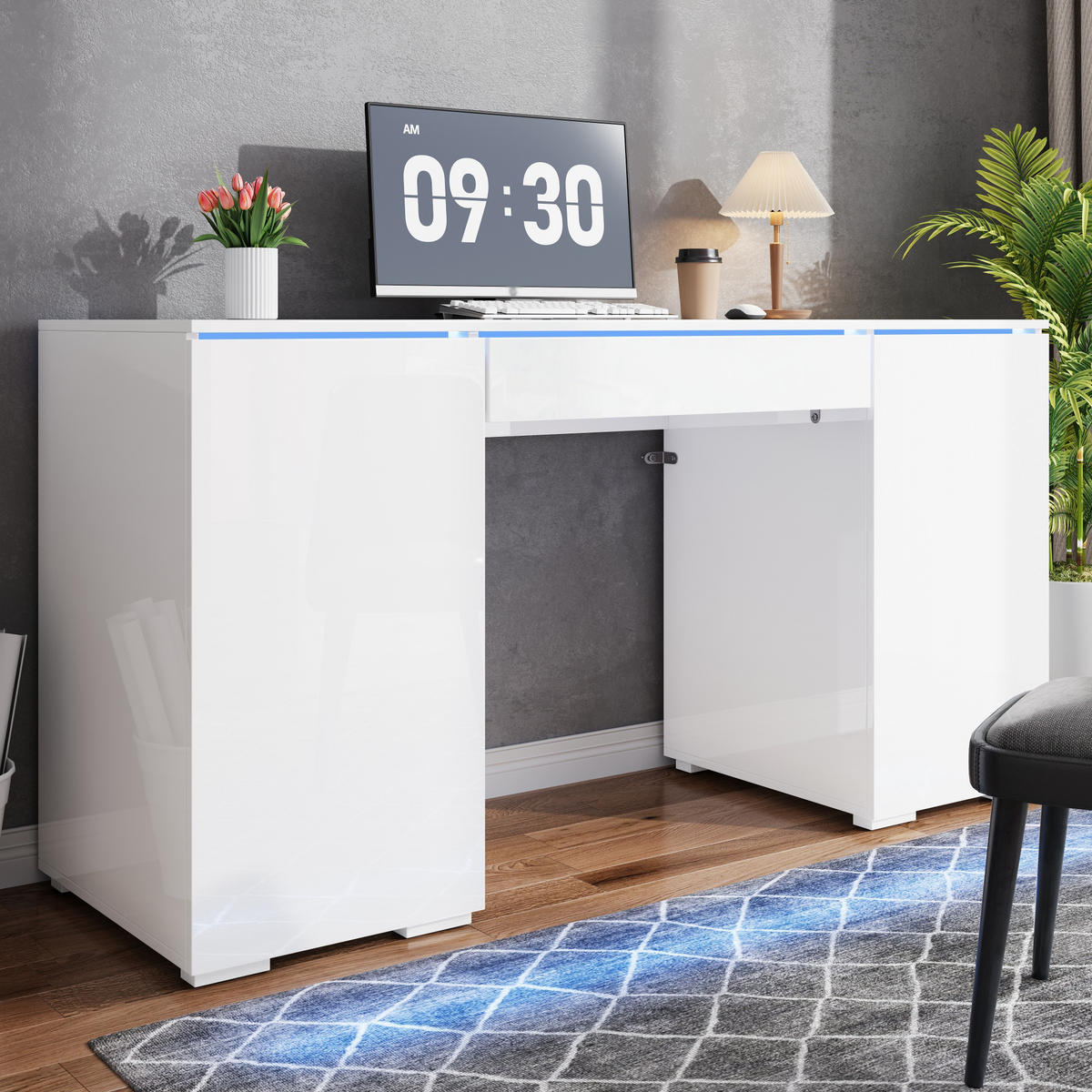 SCHREIBTISCH Weiß Hochglanz 140/50/78 cm mit LED-Beleuchtung und Schublade - Weiß, Holzwerkstoff (50/140/78cm) - PANGIVO
