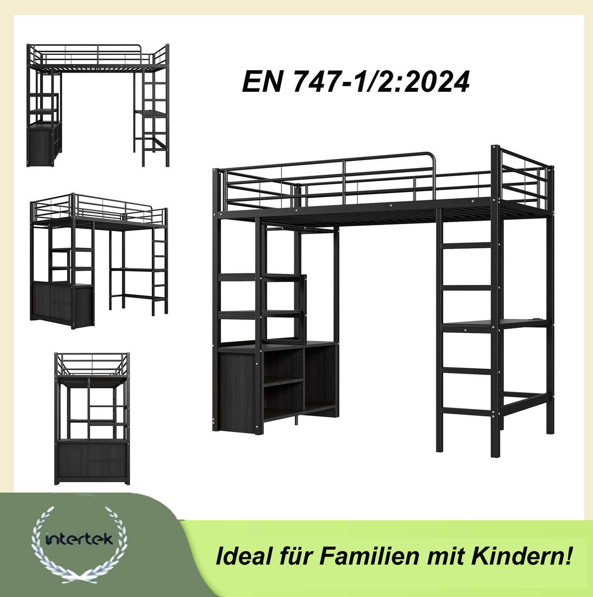 HOCHBETT 90/200 cm aus Metall/MDF mit Schreibtisch, USB und Steckdose Schwarz - Schwarz, Metall (90/200cm) - Modenvie