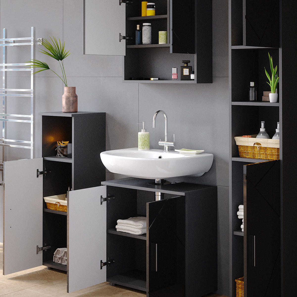 BADMÖBEL-SET Irma Anthrazit Hochglanz 4 Teile, mit Hochschrank - Anthrazit, Holzwerkstoff (80/58.6/41cm) - Vicco