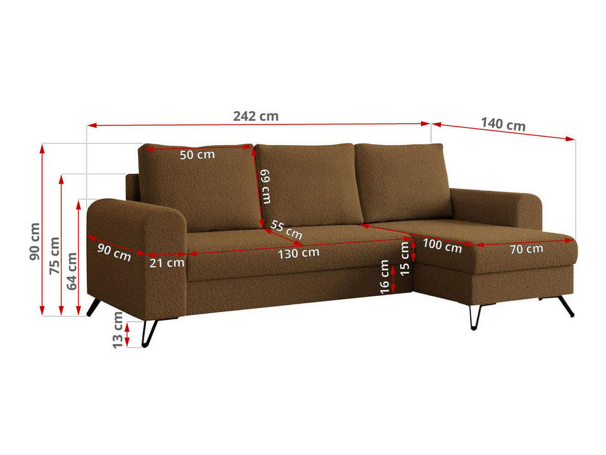 ECKSOFA Hugo Boucle Braun - Schwarz/Braun, Textil/Metall (242/140cm) - MKS