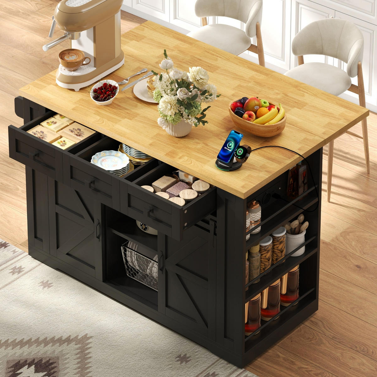 KÜCHENINSEL AUSKLAPPBARE ARBEITSPLATTE, MDF Schwarz-Natur, Esszimmer, 130/80/87 cm - Schwarz, Holzwerkstoff (80/87/130cm) - Rolipo