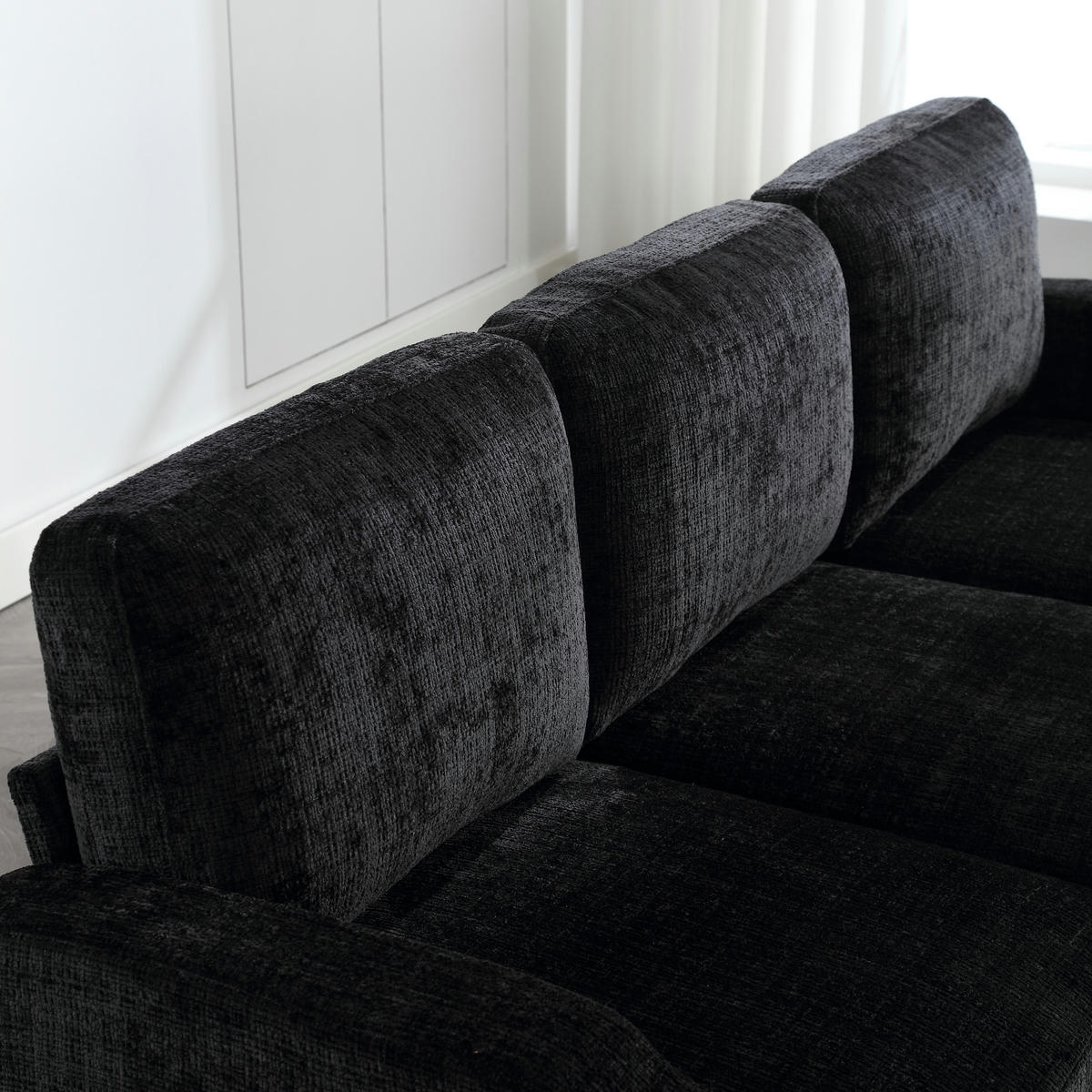 SITZGARNITUR 4-SITZER Chenille Schwarz mit Hocker, Stauraum, Getränkehaltern und Seitentaschen - Schwarz, Holzwerkstoff/Kunststoff (196.5/77/75cm) - WISHDOR