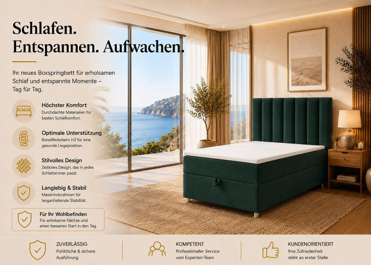 BOXBETT mit Bettkasten Trinity K-10 SINGLE Bonellfederkern inkl. Topper - Grün, Holz/Holzwerkstoff (90/200cm) - Best For Home