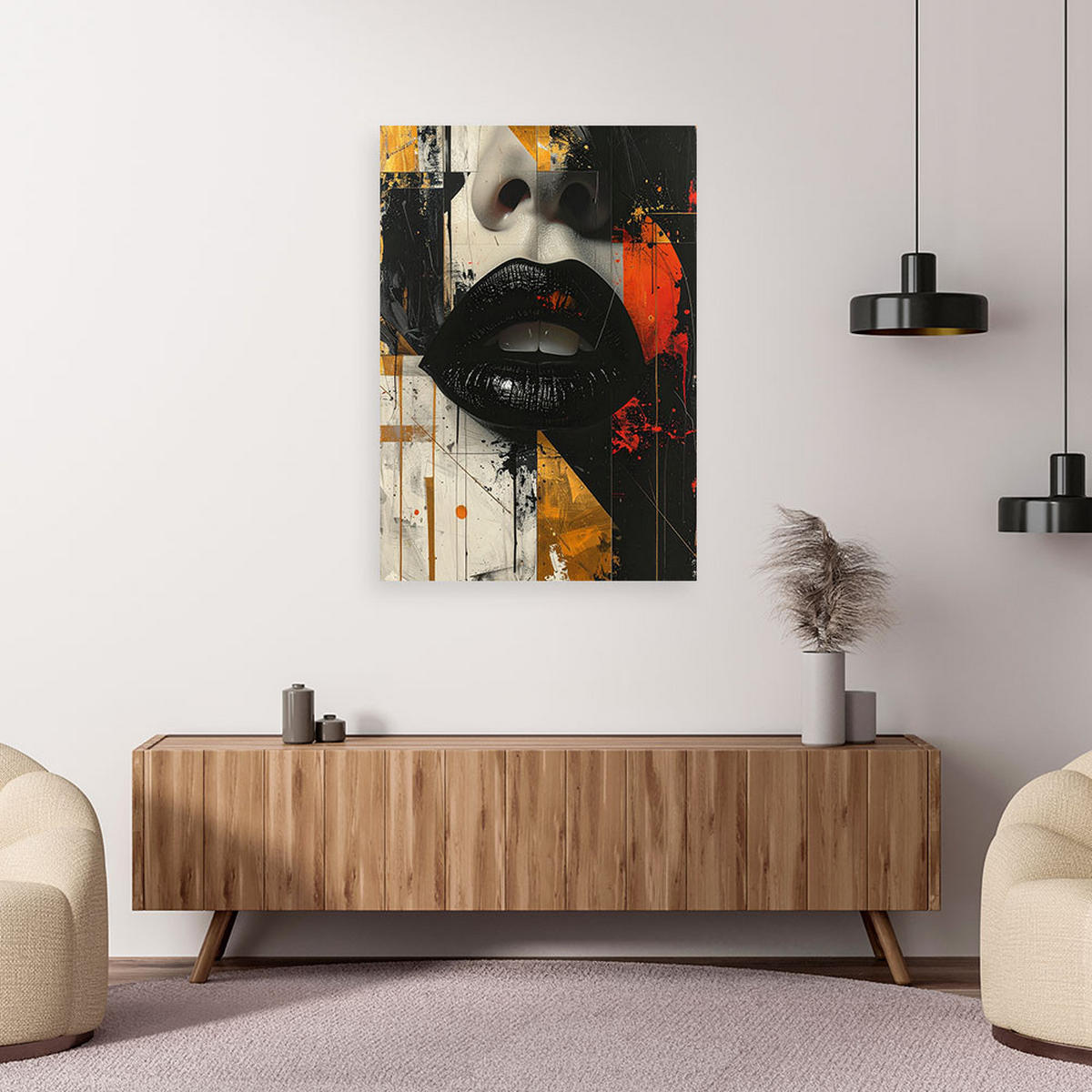 BILD auf Leinwand, Schwarze Lippen in einer modernen Street-Art-Komposition - Schwarz, Textil (20/30cm) - Feeby