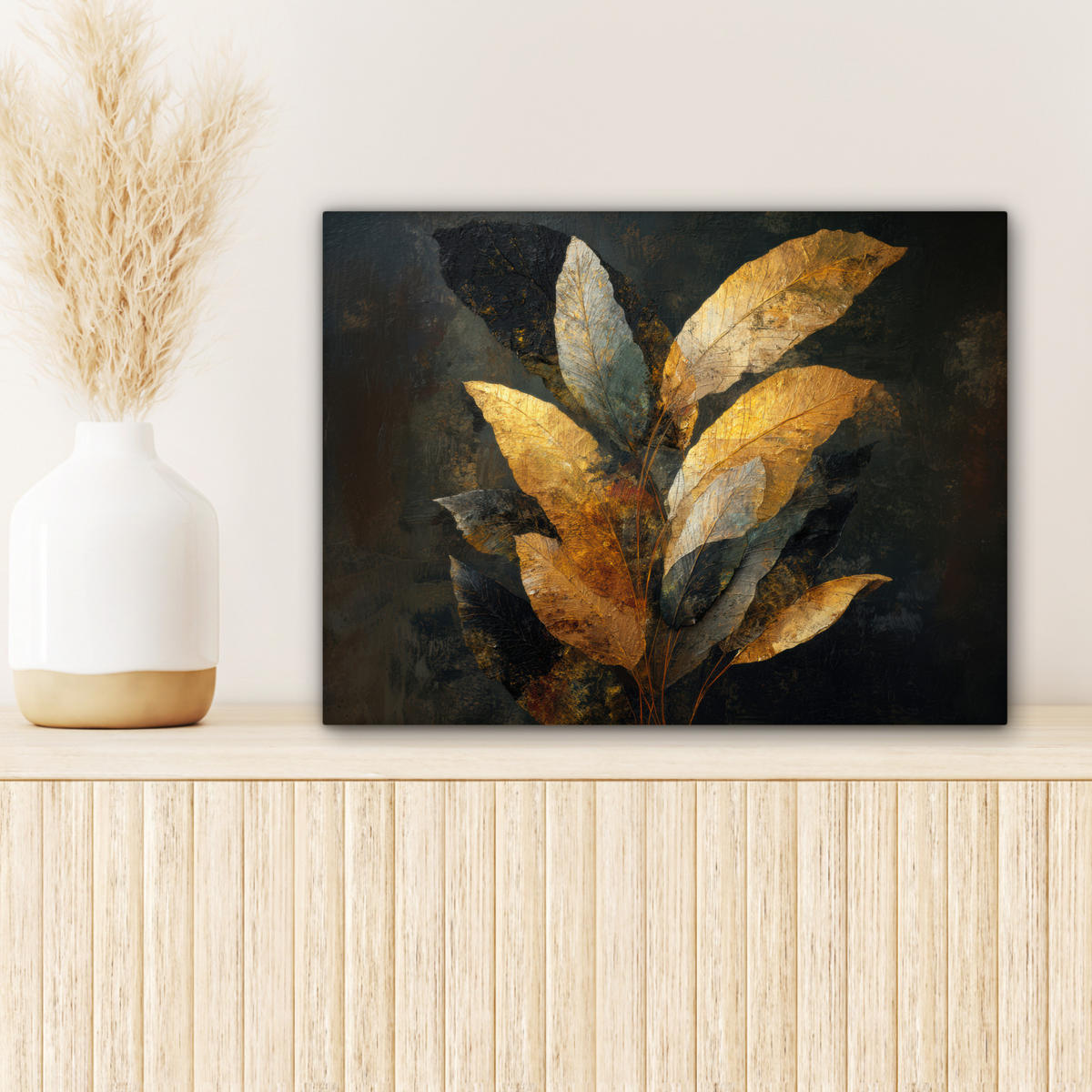 LEINWANDBILD Golden Leaf Komposition - Botanical Luxury Wandbild 40x30 cm - Goldfarben/Schwarz, Textil (40/30cm) - MuchoWow