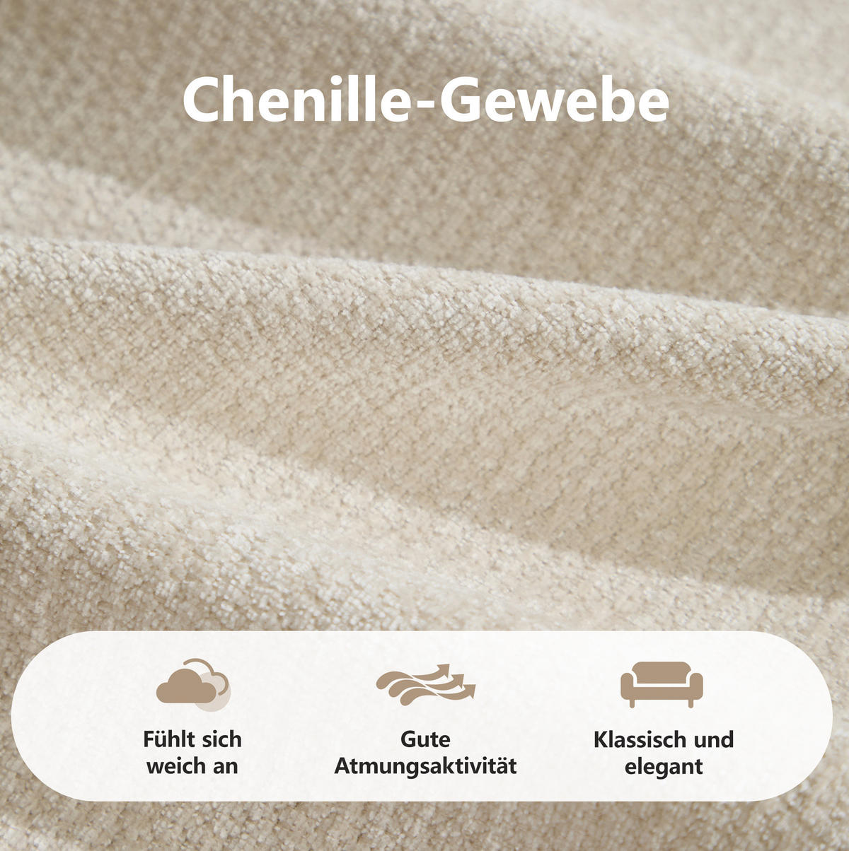 SOFA 194/160/68 cm in Beige mit Chenille-Bezug und Hocker - Beige, Textil (160/68/194cm) - Flora Grace