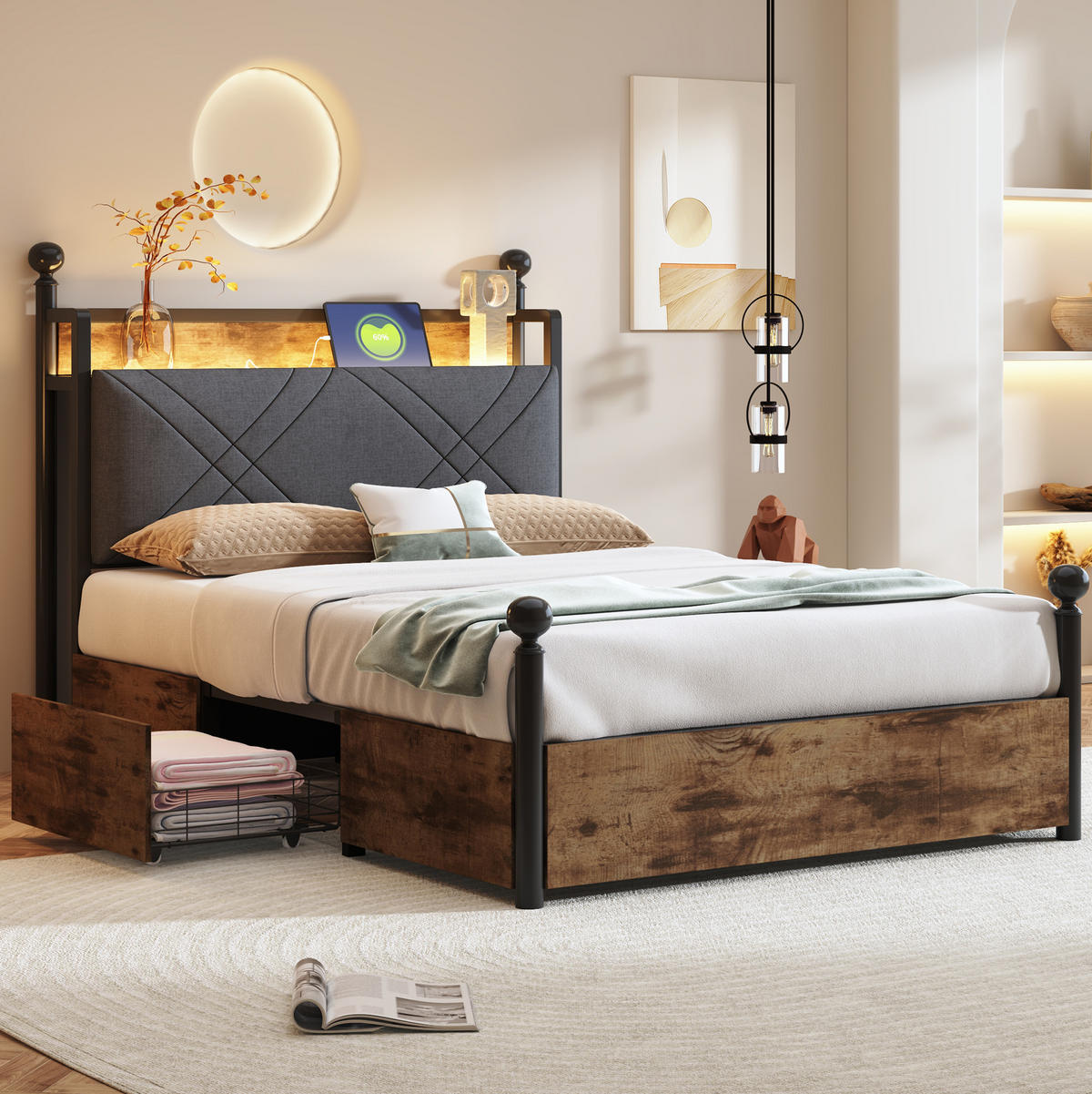 BETT Multifunktionales 90/190 cm mit Stauraum und schwenkbarem Baldachin - Schwarz, Metall (90/190cm) - OKWISH
