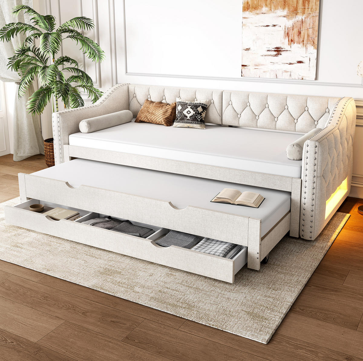POLSTERBETT 90/200 cm aus MDF und Leinen mit LED Ausziehbett und 3 Schubladen Beige - Beige, Textil (90/200cm) - Modenvie