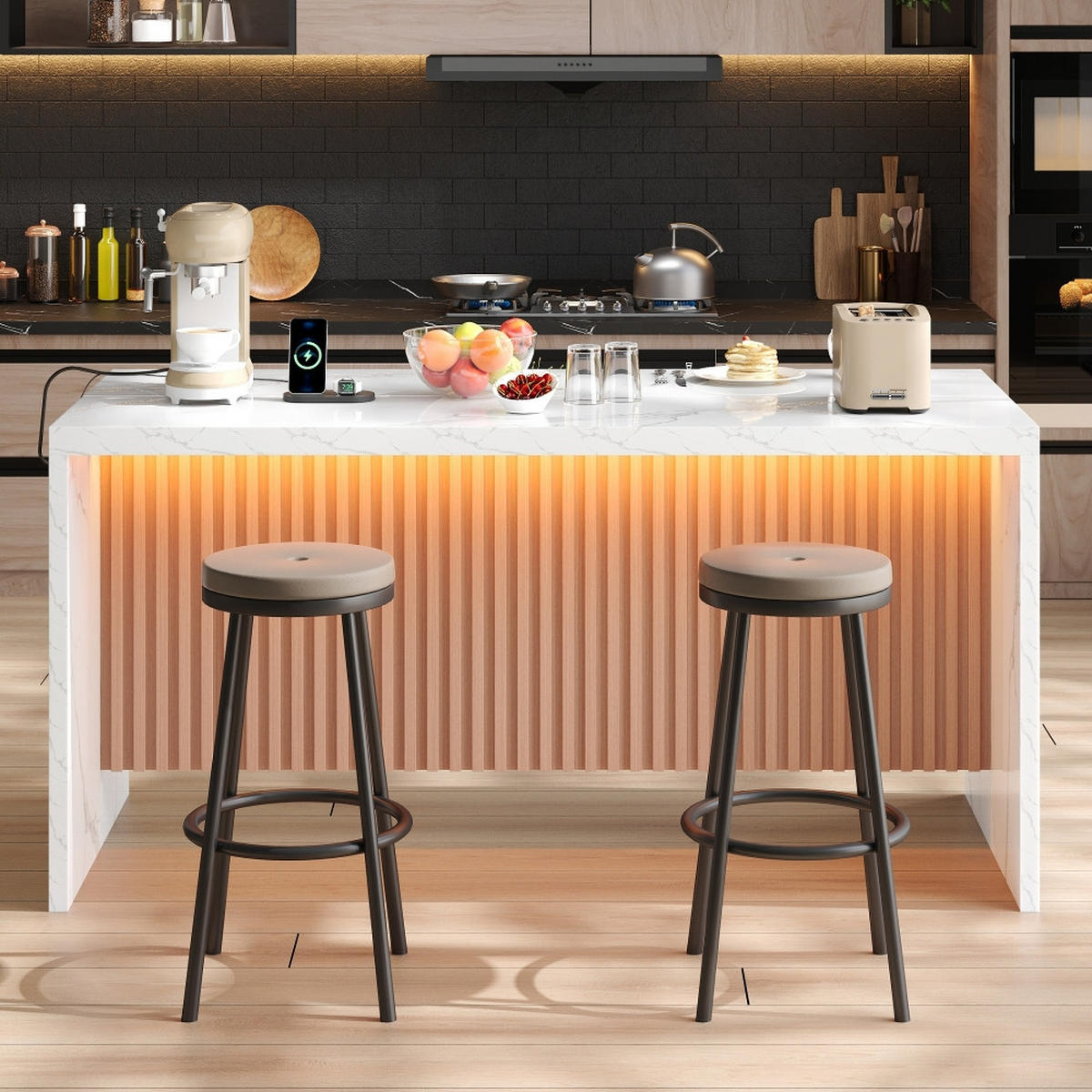KÜCHENINSEL mit Steckdosen und USB, Weiße Marmoroptik, LED-Beleuchtung, MDF, 155/80/90 cm - Weiß, Kunststoff (80/90/155cm) - Rolipo
