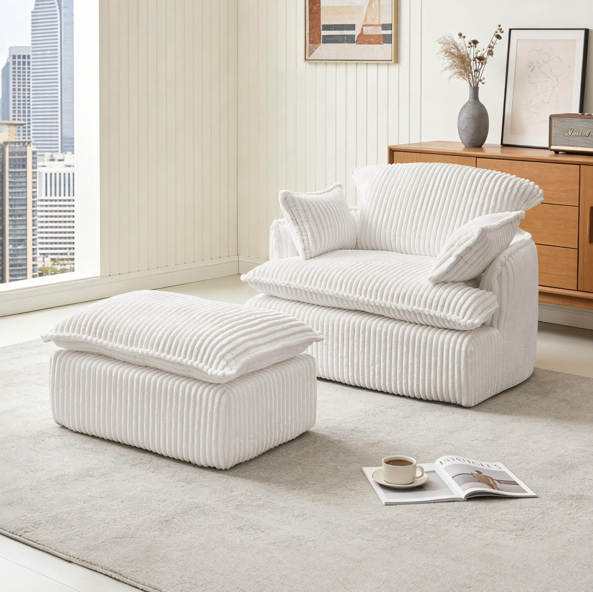 SOFA-SESSEL mit Hocker 115 x 89 x 77 cm Beige 2-tlg. - Beige, Kunststoff (89/77/115cm) - Meubliv