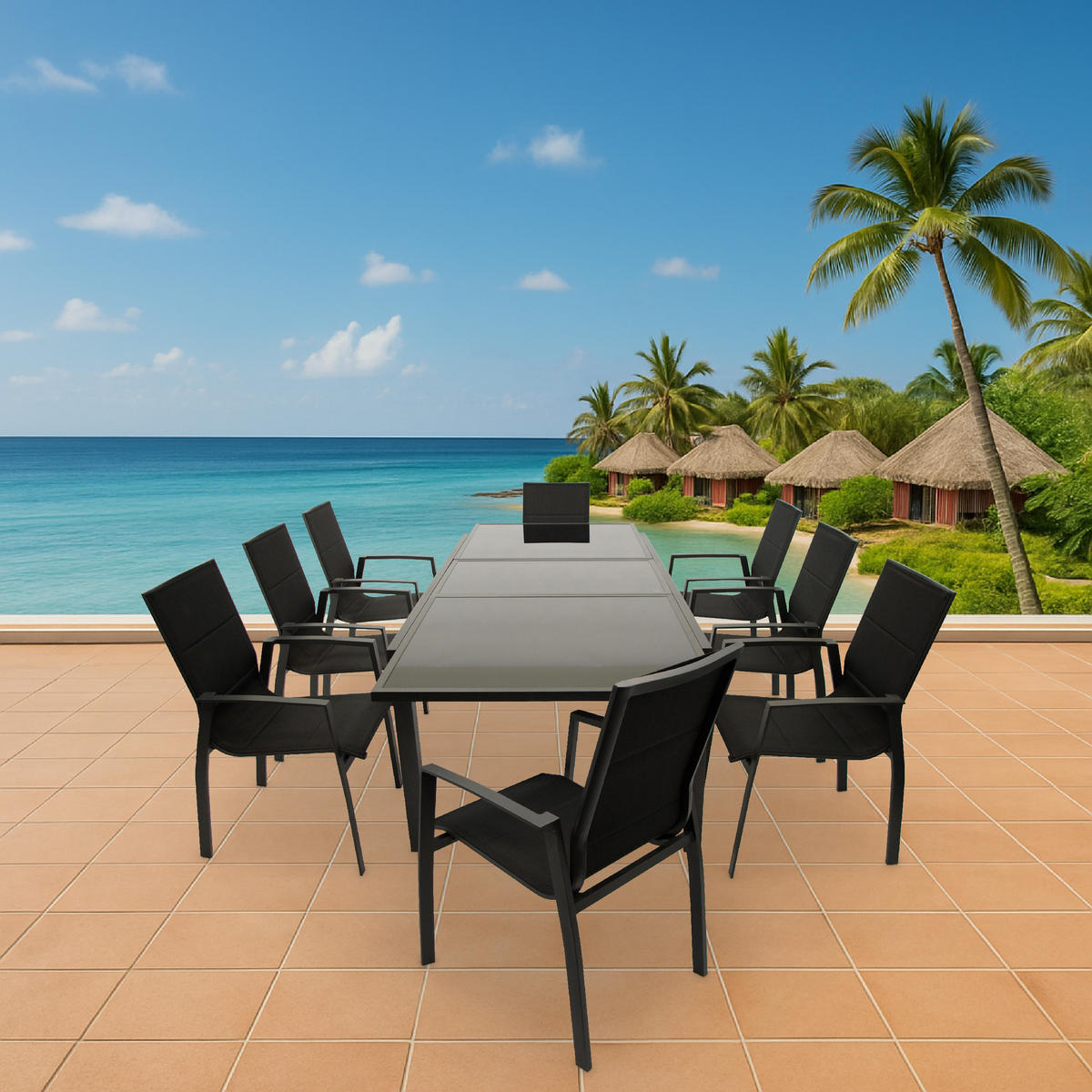 GARTEN-GARNITUR Ashford - 9-teilige Garten-Essgruppe (8x Stapelsessel mit Aluminiumgestell schwarz, Bespannung Textillehne schwarz - Schwarz, Metall - TPFGarden