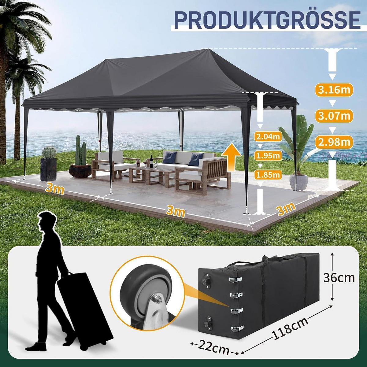 FALTPAVILLON 3x6m Dunkelgrau Wasserdicht UV-Schutz 50+ Textil - Anthrazit, Textil (300/316/600cm)