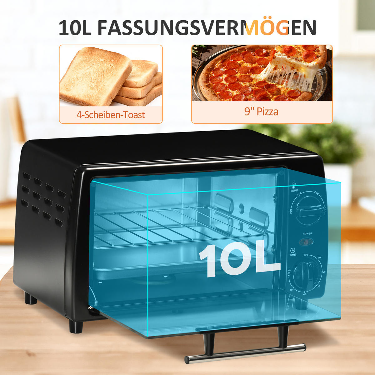 MINIBACKOFEN 10L 750W Elektrobackofen mit Timer, Temperatur bis 230°C, inkl. Backblech & Grillrost, Schwarz - Schwarz, Metall (36.5/22/26cm) - Beaface