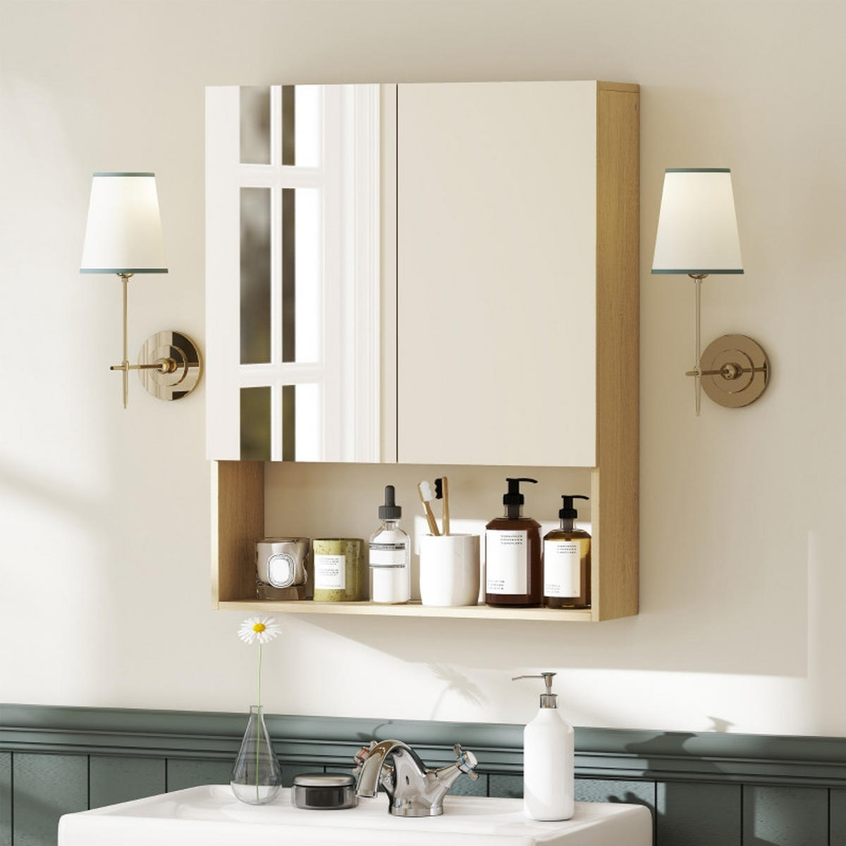 BADEZIMMER Hängeschrank 60x16.6x75 cm Eiche mit Doppelspiegel & verstellbarem Regal - Eichefarben, Glas (60/75/16.6cm) - Modfu