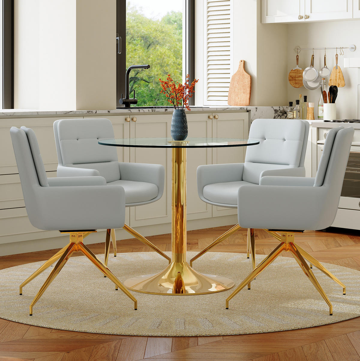 ESSGRUPPE rund 85 cm Glas Gold mit 4 Drehstühlen Hellgrau - Transparent, Metall (85/76/85cm) - Meubliv