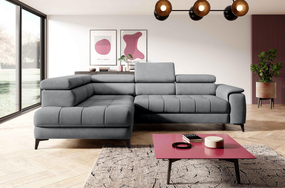ECKSOFA CHIVAS Freistehend , Schlaffunktion, 278×197×76/98 cm, Stoff - Element, Hellgrau, Linke Seite - Hellgrau/Schwarz, Holz/Textil (278/197cm) - DomoHome