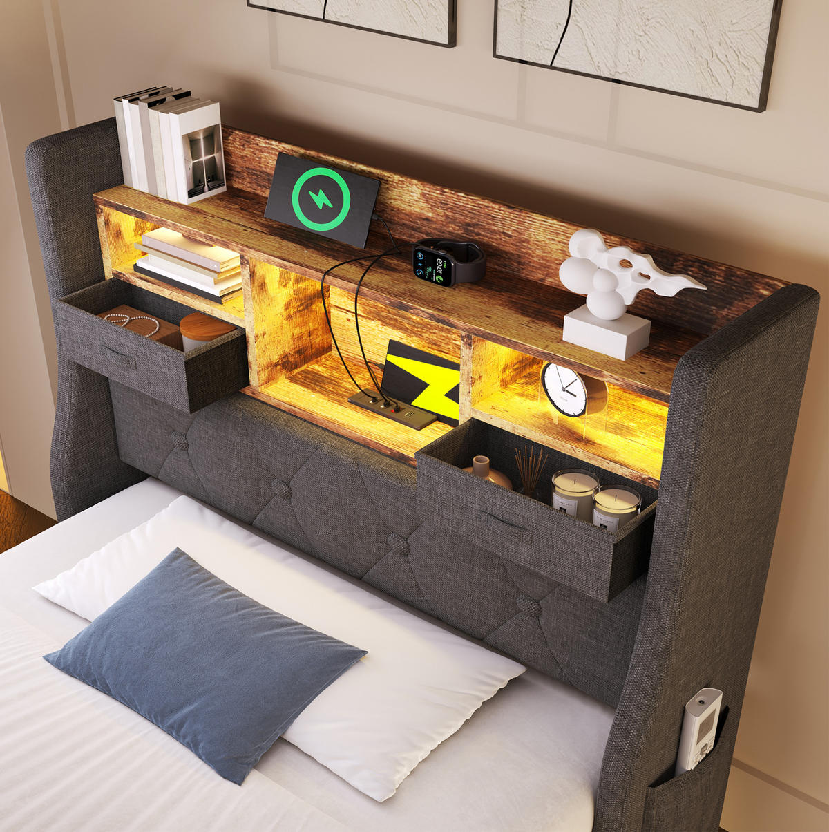 POLSTERBETT 90/200 cm Grau aus Leinen mit LED und Ladestation - Grau, Textil (90/200cm) - OKMYHOME