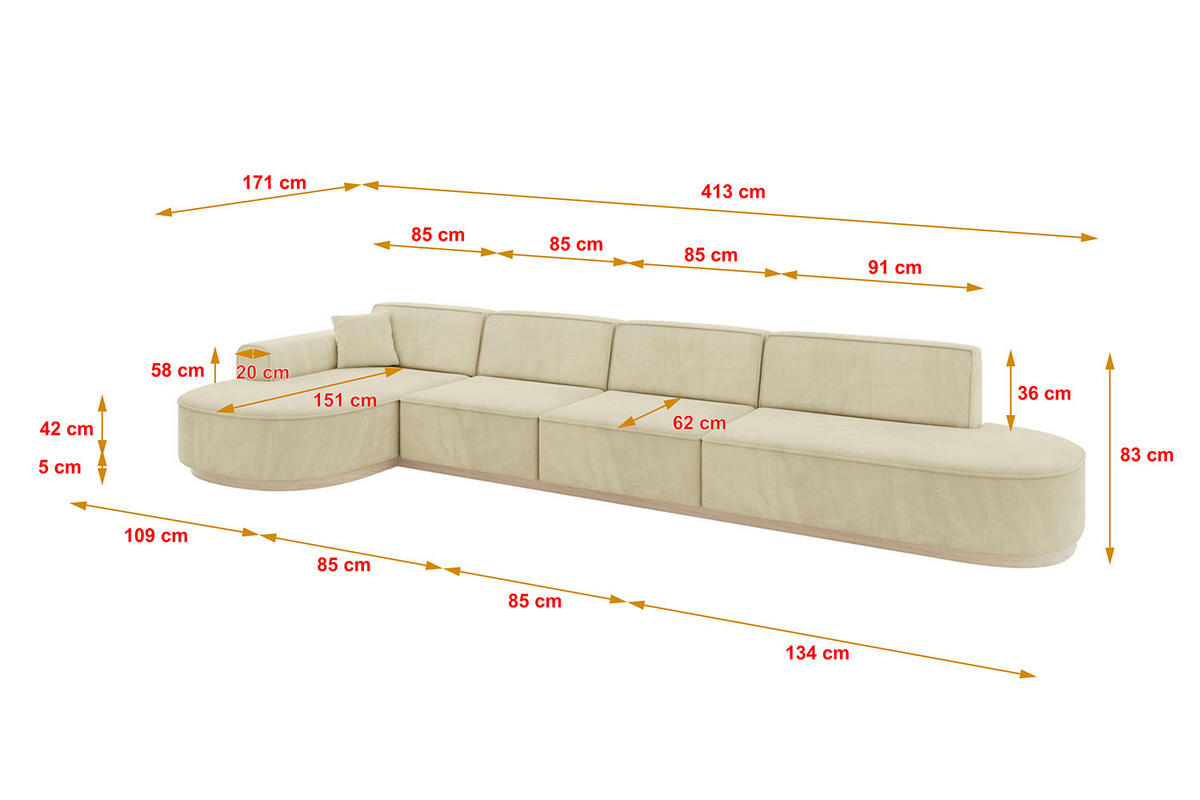ECKSOFA Ottomane Links MARI-L3-v1 - 413x171x83 cm Beige Velours - Beige, Holzwerkstoff/Textil (413/171cm) - ALTDECOR