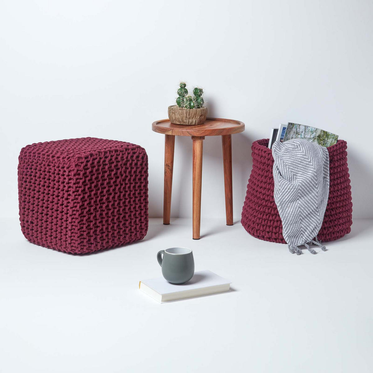 STRICK-POUF weinrot, Sitzwürfel 35/35/35 cm - Weinrot, Textil (35/35/35cm) - Homescapes