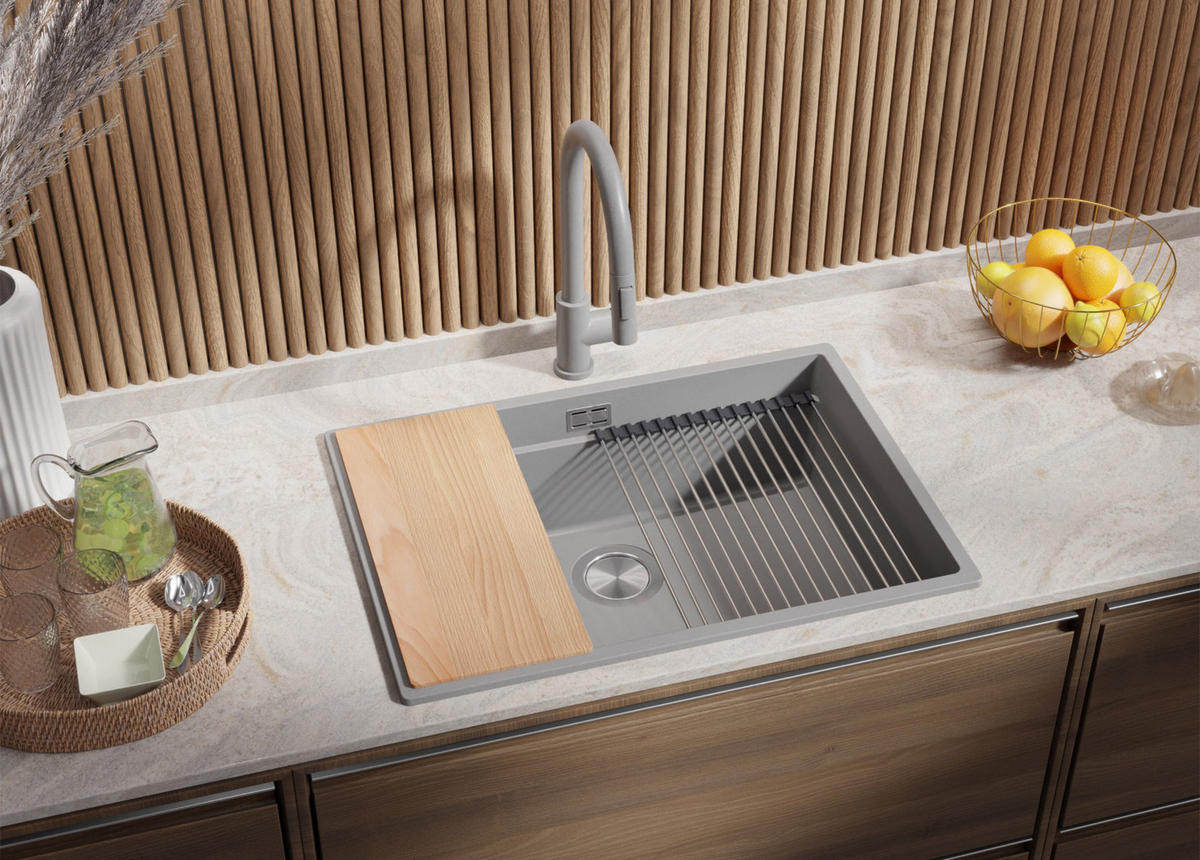 SPÜLBECKEN Praga Slim, 2-er set Grau 66/47 cm 1 Becken + Ablauf-Set + Aufrollbare Abtropffläche ab 70er Unterschrank - Chromfarben/Grau, Kunststoff (66/20/47cm) - Primagran