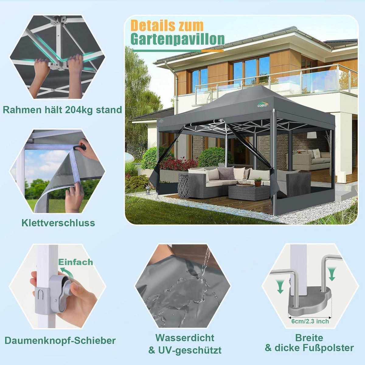 FALTPAVILLON 3x4,5 m mit Moskitonetz und UV-Schutz 50+ Grau - Grau, Textil (300/238/450cm)