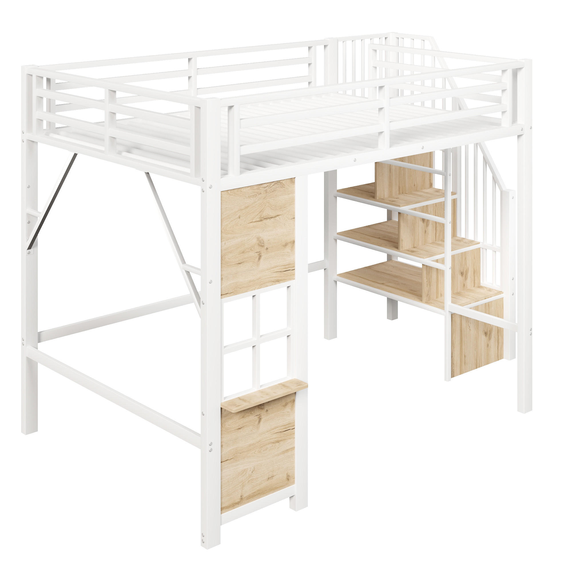 HOCHBETT 140/200 cm Weiß mit Stauraumtreppe und offener Stauraum - Weiß, Metall (140/200cm) - Oxeza