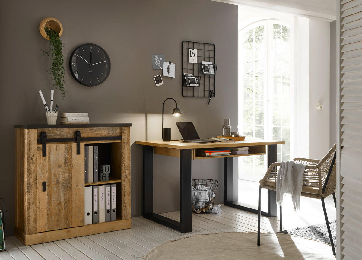 BÜROMÖBEL-SET Used Wood hell, anthrazit, mit Aktenschrank - Eichefarben/Anthrazit, Holzwerkstoff/Metall (60/220/91cm) - Furn.Design
