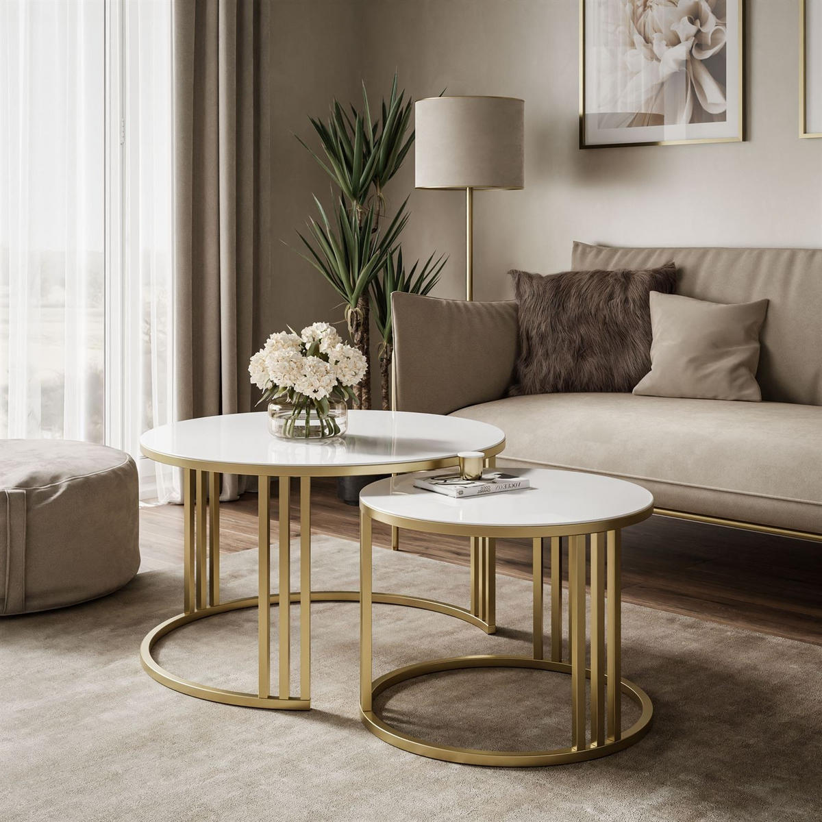 COUCHTISCH 2in1 LORI GLASS gebürstetes Gold, gebürstetes Gold / weißes Glas - Weiß, Metall (70/70/43cm) - Lookway