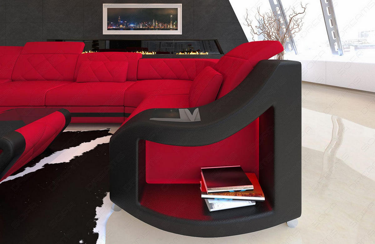 WOHNLANDSCHAFT Stoff Sofa Swing U Form Rot Schwarz Mikrofaserstoff - Rot, Kunststoff (404/90/220cm)