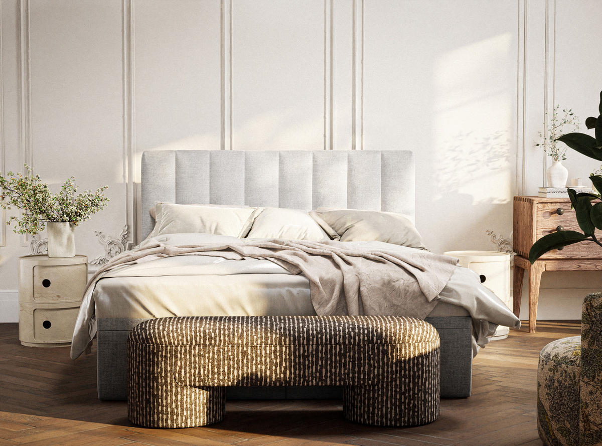 BOXBETT 140/200 cm Lovage M, in Hellbeige, Matratze, gepolstertes Kopfteil, Bettkasten, H3 = fest - Beige/Schwarz, Holz/Holzwerkstoff (140/200cm) - Maison de Reve