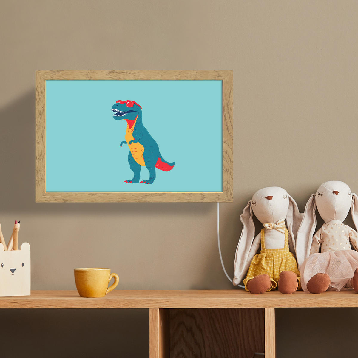 NÁSTĚNNÁ LAMPA Dinosaurus - Modrá - Sluneční brýle 30x20 cm - světle modrá, kompozitní dřevo (30/20/8cm) - OnlyWow