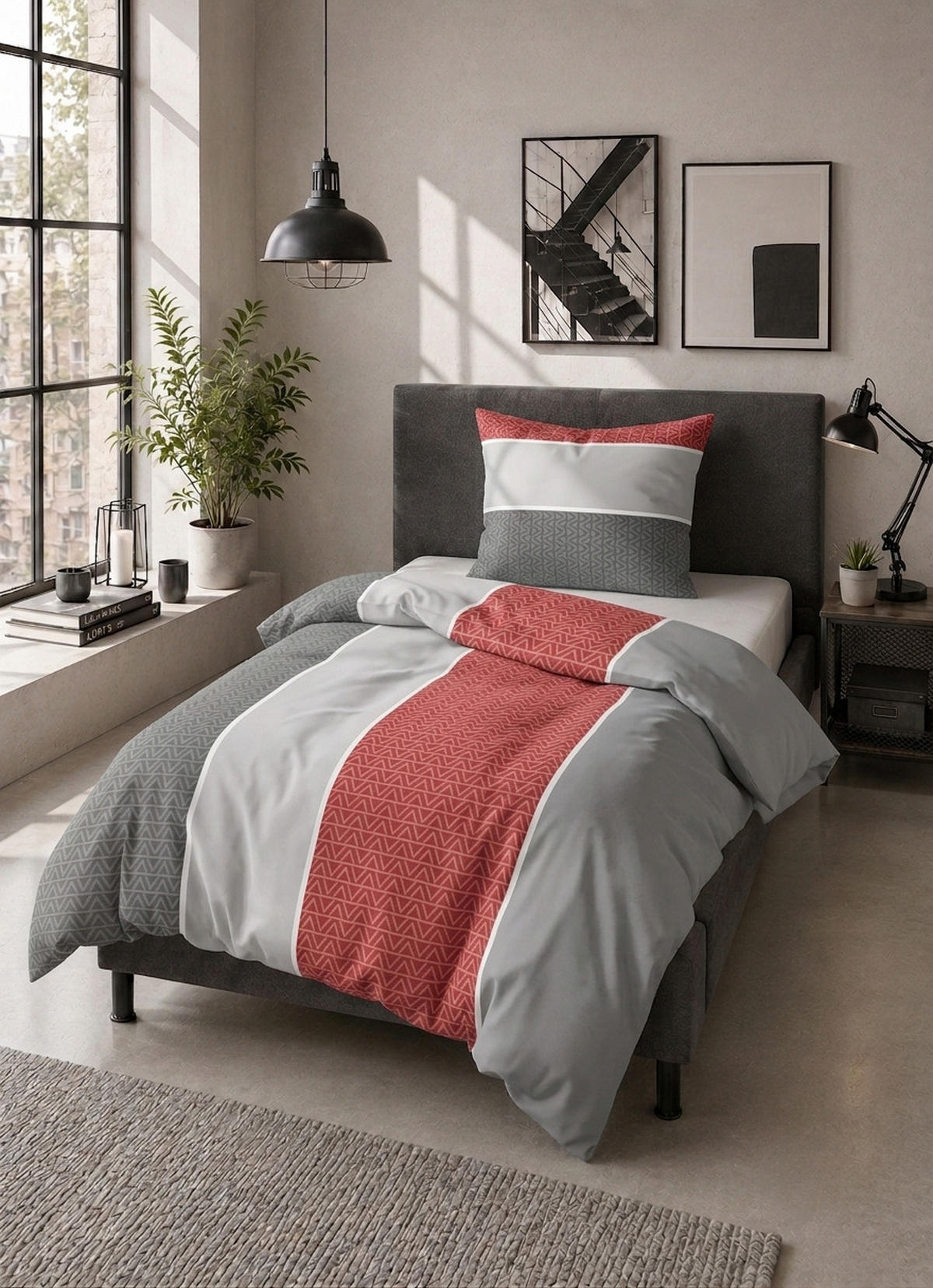 BETTWÄSCHE-GARNITUR Flanell Längsbalken chili, 135x200 cm + 80x80 cm - Rot, Textil (135/200cm) - Castell