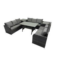 GARTENTISCHGRUPPE mit 2 Beistelltischen Polyrattan Dunkelgrau 9-Sitzer - Dunkelgrau/Grau, Glas/Kunststoff - Fimous