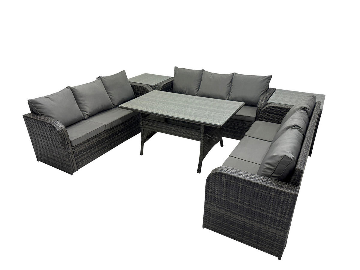 GARTENTISCHGRUPPE mit 2 Beistelltischen Polyrattan Dunkelgrau 9-Sitzer - Dunkelgrau/Grau, Glas/Kunststoff - Fimous