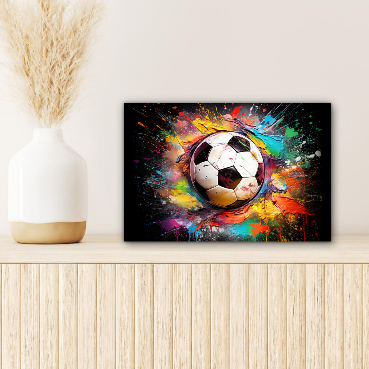 LEINWANDBILD Fußball - Farbe - Farben - Schwarz - Weiß Deko Schlafzimmer 30x20 cm - Weiß, Textil (30/20cm) - MuchoWow
