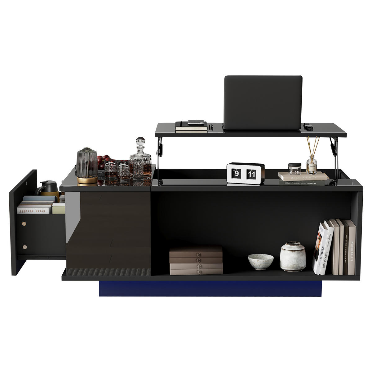 COUCHTISCH 100/50/40 cm höhenverstellbar mit verstecktem Stauraum und LED-Licht - Schwarz, Holzwerkstoff (100/50/40cm) - OKWISH