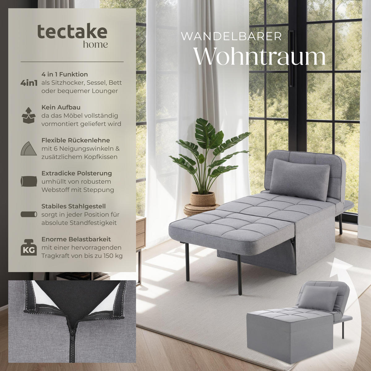 SCHLAFHOCKER Ponto,Belastbarkeit 150 kg ,grau - Grau, Textil (74/79/170cm) - tectake