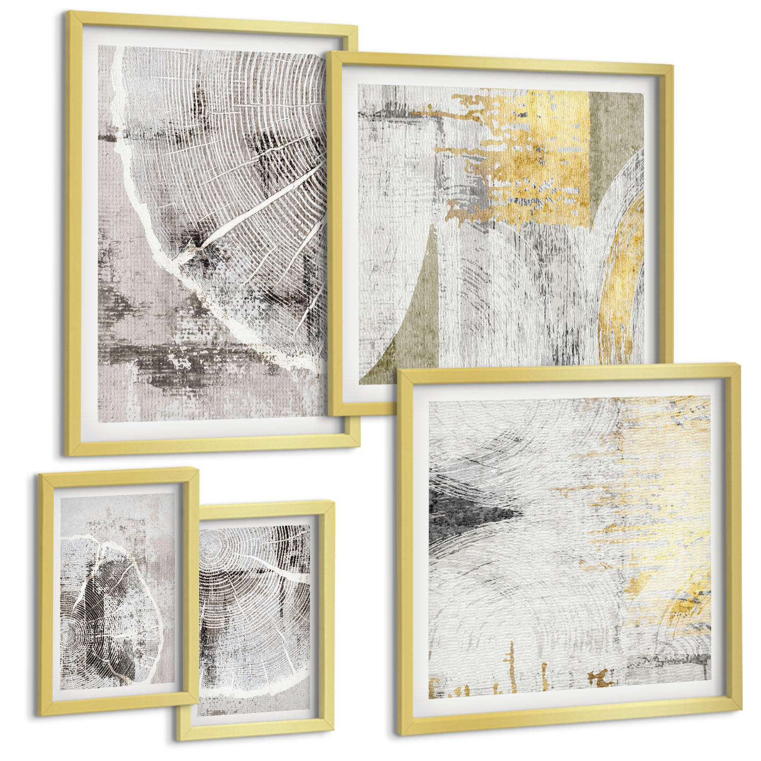 BILDER SET 5er Set - 50x50 cm & 20x30 cm & 40x60 cm Goldrahmen - Beige abstrakte Formen Linien - Goldfarben, Kunststoff (40/60cm) - TULUP