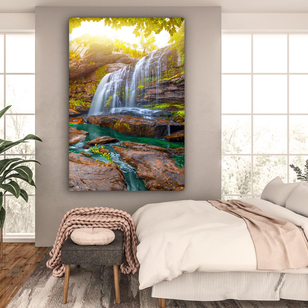 SLIKA NA PLATNU Slap 90x140 cm - olivno zelena, tekstil (90/140cm) - MuchoWow