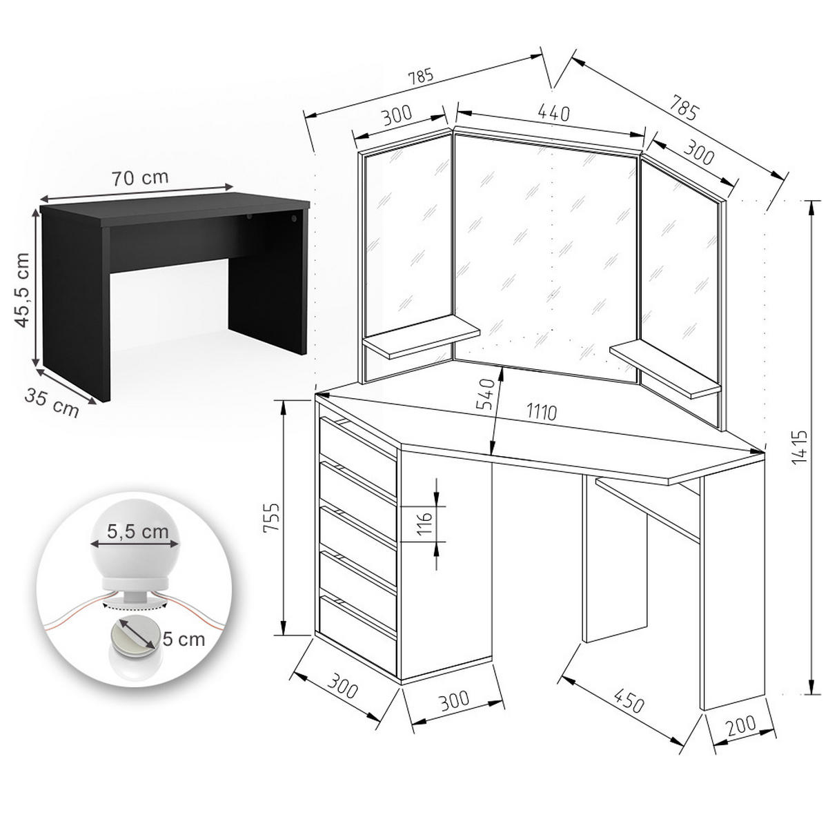 ECKSCHMINKTISCH Arielle Schwarz 110 cm mit LED Beleuchtung und Bank - Schwarz, Holzwerkstoff (110/141.5/54cm) - Vicco