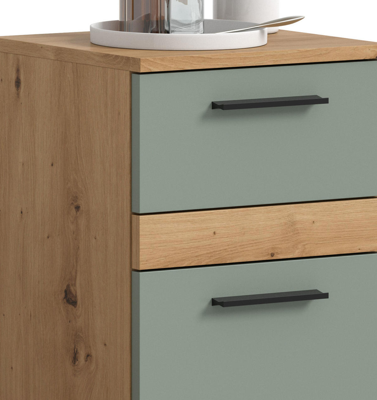 KOMMODE Salbei grün, Eiche Artisan 35 x 79 cm, Badschrank in modernem Design - Salbeigrün/Schwarz, Holzwerkstoff/Kunststoff (35/79/31cm) - Inn.Furn
