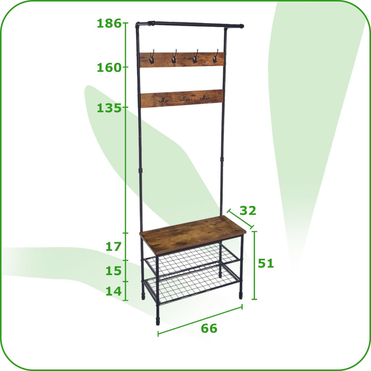 GARDEROBENSTÄNDER Metall Holzoptik Dunkelbraun Schwarz mit Bank 66×32×186 cm - Dunkelbraun/Schwarz, Holzwerkstoff/Metall (66/186/32.5cm) - Begryf