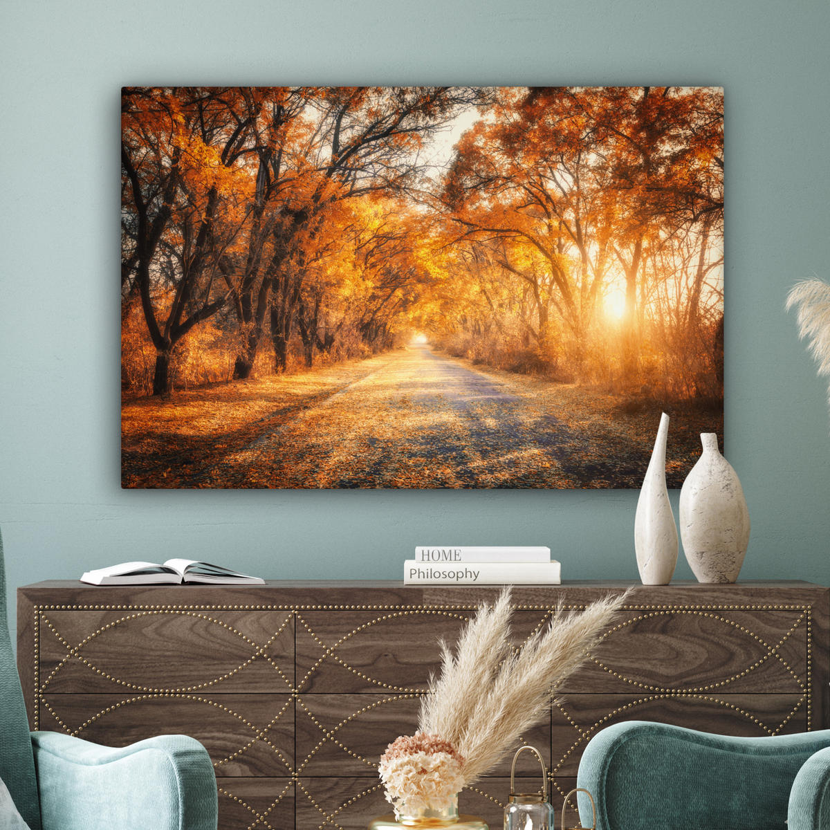 LEINWANDBILD Wald - Herbst - Bäume - Waldweg - Natur Groß 140x90 cm - Bernsteinfarben, Textil (140/90cm) - MuchoWow