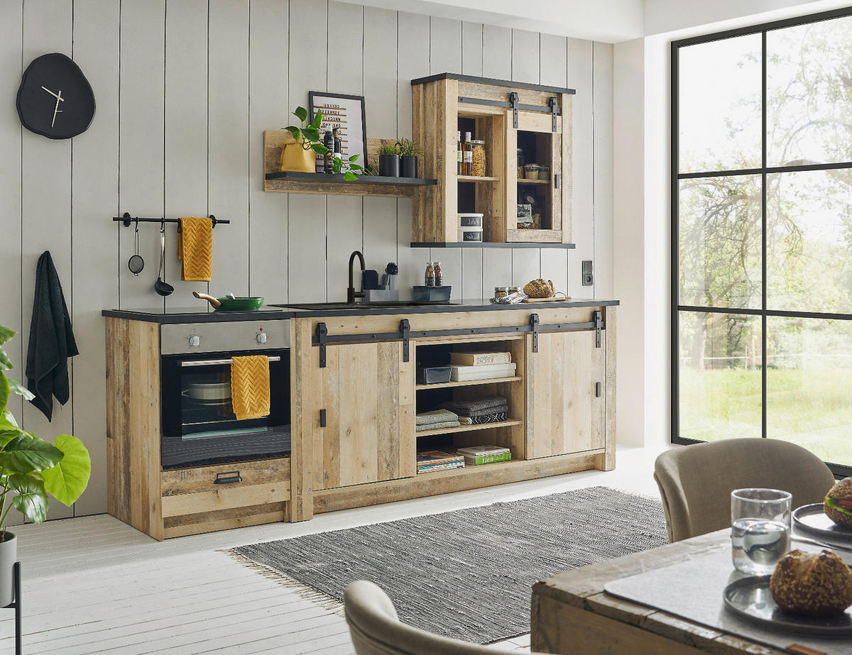 KÜCHENZEILE in Used Wood, anthrazit 204 cm, Küchenschrank Set mit Soft-Close - Anthrazit/Schwarz, Glas/Holzwerkstoff (264/200/64cm) - Furn.Design